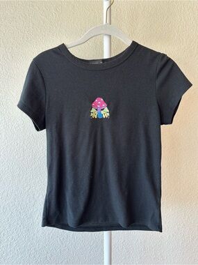 Black ribbed baby doll tee embroidered mushroom faded rose size XL